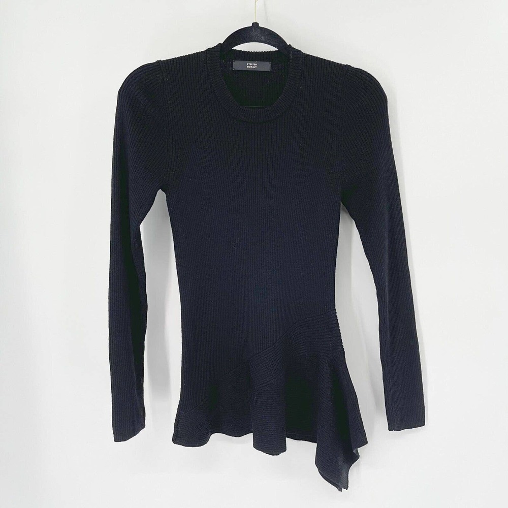 Steffen Schraut Wool Ribbed Asymmetric Hem Sweater Sz 40 Black Crewneck Pullover